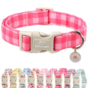 Cute Pink Plaid Soft Adjustable Small Puppy Collar for Girl Dogs, Spring Summer Female Dog Collar with Quick Release Buckle XS