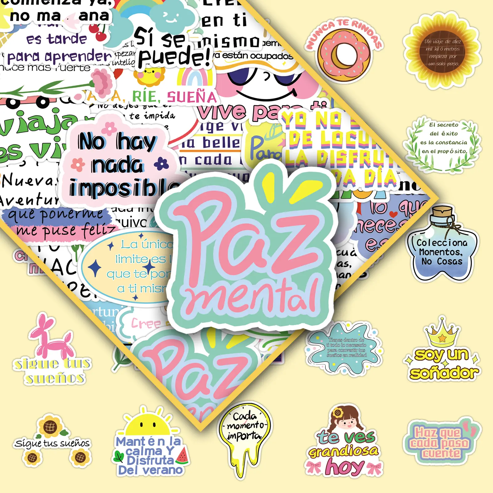 50 sheets of Spanish Motivational Stickers - Cute Cartoon Designs with Inspirational Quotes for DIY Journal & Phone Case Decoration
