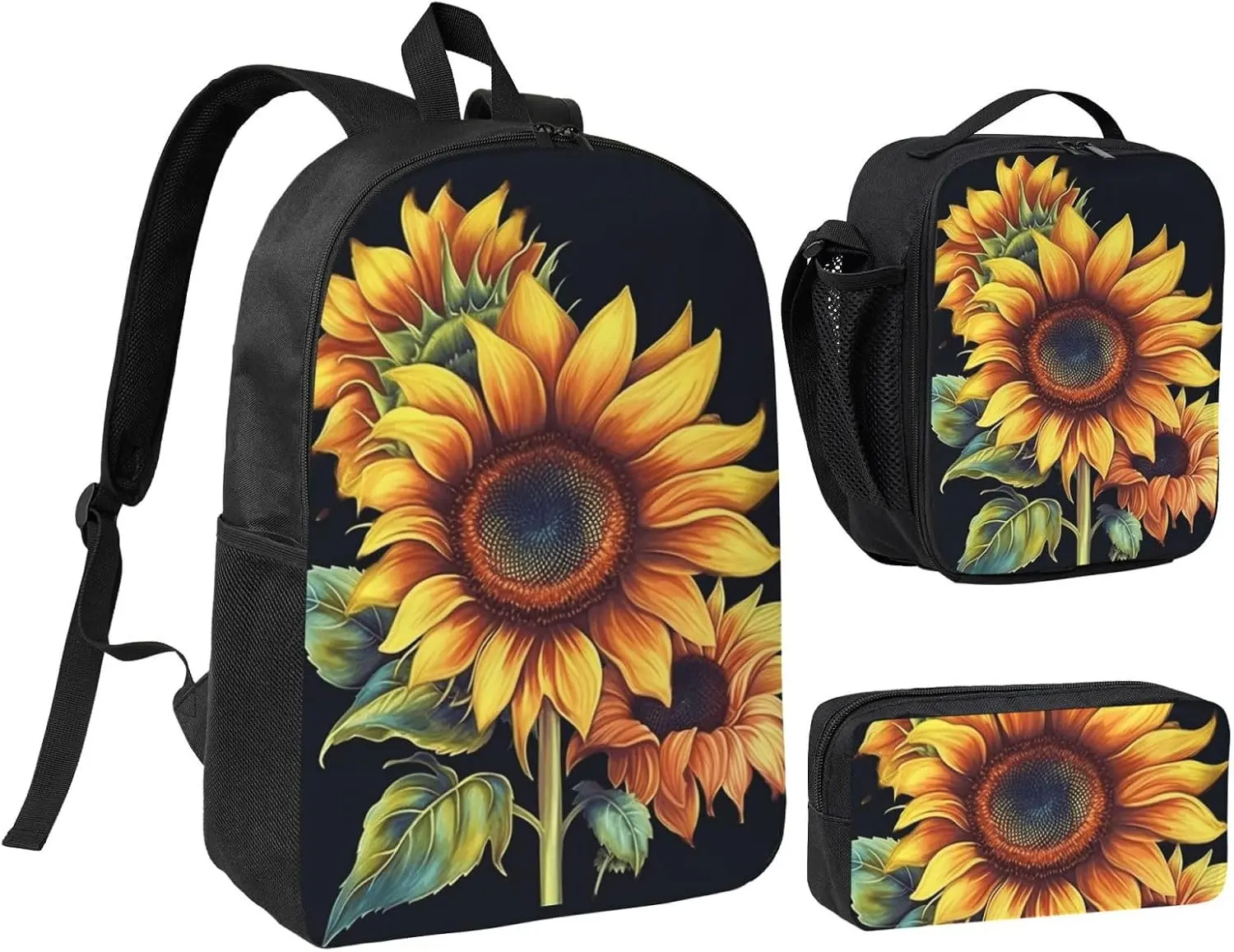 Summer Sunflower Backpack Set 3 PCS - 17 Inch Laptop Backpack with Lunch Bag, Waterproof Daypack Insulated Lunch Box Large Capacity Coin Pouch Personalized Gift