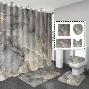 1pc/4pcs, bathroom set, shower curtains, bathroom rug, home decoration, Bathroom Decoration Accessories, bathroom mat, gray marble Print pattern, simple and luxurious theme decoration, with 12 hooks