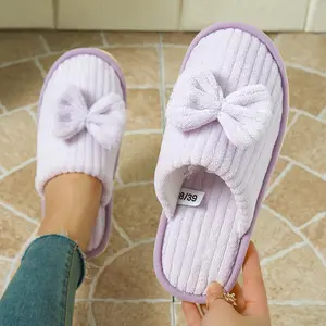 Cute Lilac Bow Plush Slippers for Women, Cozy Fluffy House Slippers, Non-Slip Indoor Bedroom Slippers, Soft Comfy Slides for Daily Wear