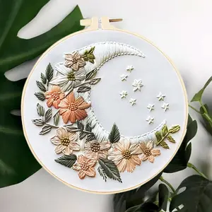 Moon Cross Stitch Kit Easy Pattern Embroidery Design Stamped Fabric, Flower Embroidery Set, Embroidered Cartoon DIY Handmade Gifts