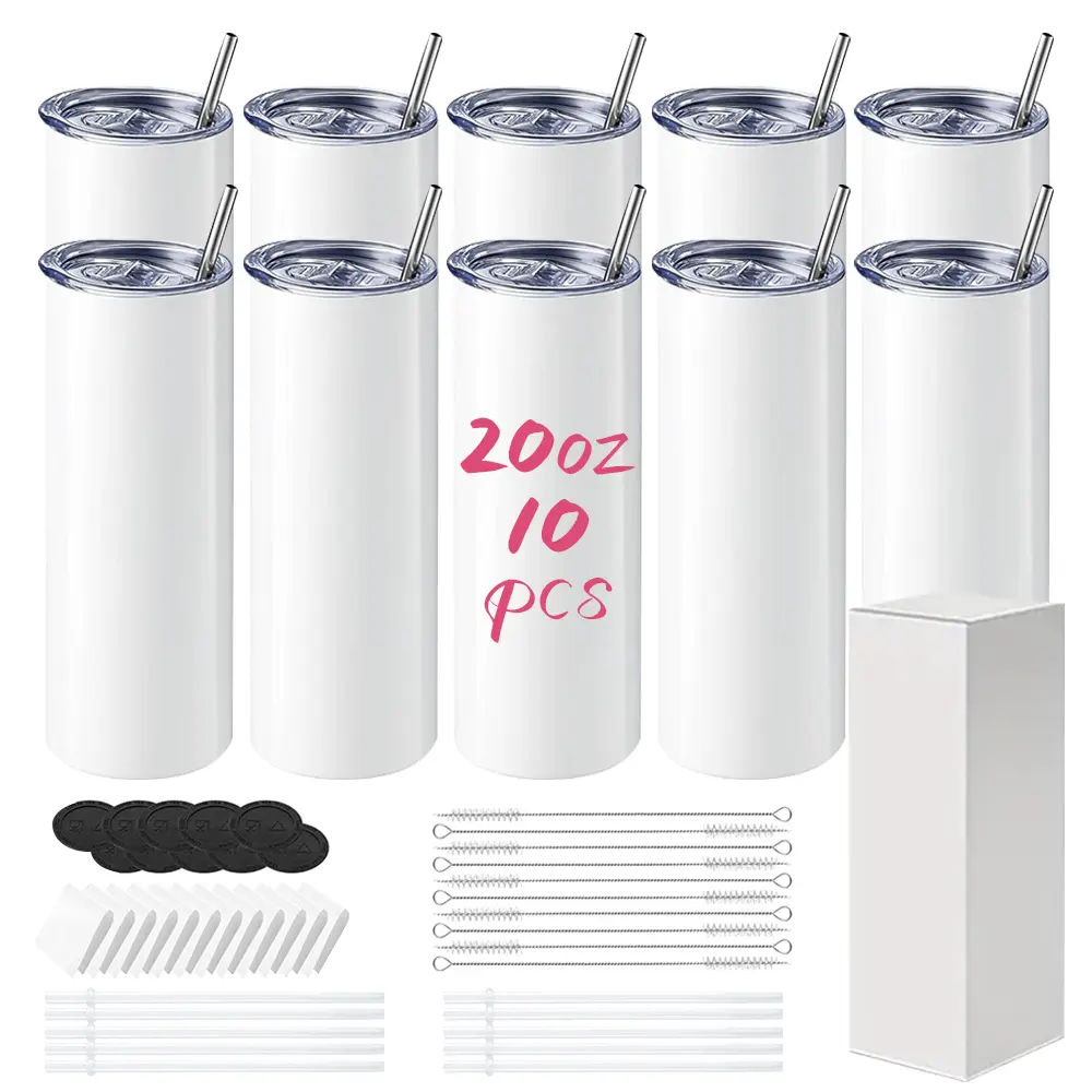 10-Pack 20 oz Straight Skinny Blank Sublimation Stainless Steel Temperature-Control Vacuum Flask Tumbler Set, Portable Metal Water Bottles with Lids, Straws, Shrink Wrap Films for Mug Press Customization