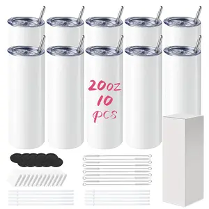 10 Pack Sublimation Tumblers Blank 20 oz Straight Skinny with Lids and Straws, Shrink Wrap Films, Stainless Steel Double Wall Insulated Tumbler for Mug Press Machine Metal Portable Water Bottles Containers Plastic Kitchenware Drinkware Flasks Bottled Set