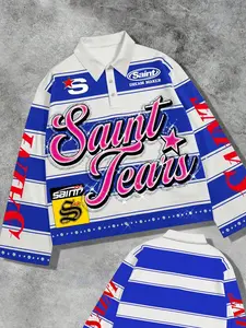 Street life striped Polo collar long sleeved men's T-shirt, sports hockey sports portrait print European and American casual fashion shirt collar long sleeved flame T-shirt, ins men and women can wear trendy clothes on the street