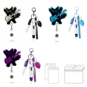 Cartoon Rock Bear Badge Holder Accessory, Mini Fluorescent Pen, Permanent Marker, Ballpoint Pen, Retractable Keychain Design
