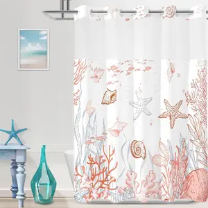 No Hook Shower with Snap in Liner, Beach Ocean Nautical Shower Curtains and Liner Set for, Seashell Hotel Bath, Waterproof Washable, Coral 71" x 74"