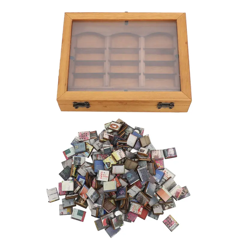Solid Wooden Miniature Book Boxes Display Case Cabinet - Approximately 196 Folded Book Ornaments, Stress Relief Puzzle, Mini Container Bookends, Artistic Decoration, Room Accessories, Coffee Shop Shelf Accent, Gift for Living Room Desk
