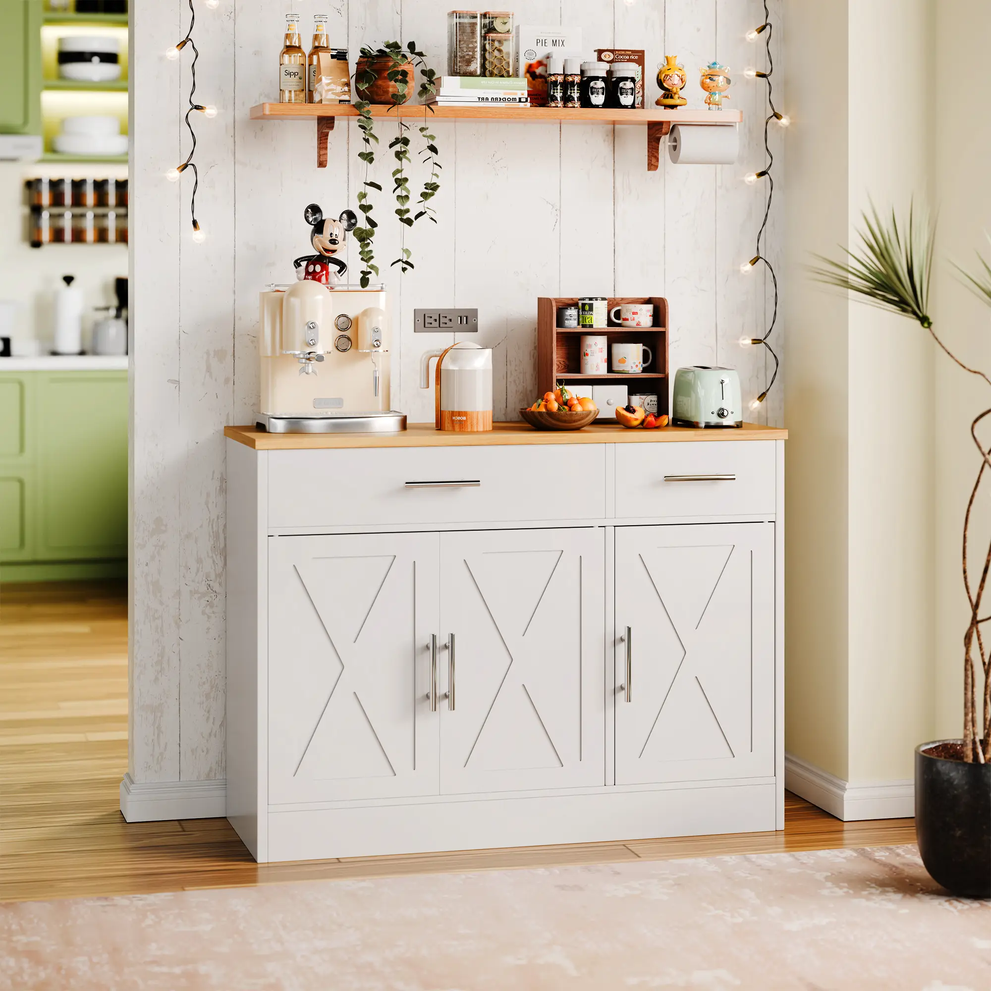 Walsunny Farmhouse Sideboard Buffet Cabinet with Storage with 3 Doors & 2 Drawers, Barn Doors Entryway Buffet Cabinet with Storage, Adjustable Metal K