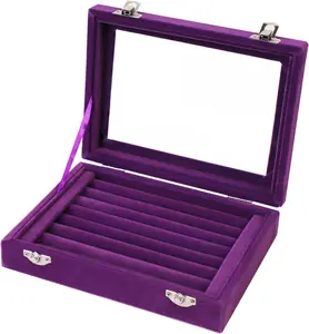 Jewelry Box Rings Organizer Tray 7 Slots Velvet Jewelry Earring Storage Box with Transparent Lid Jewelry Display Case for Girls Women (Purple) EONGOA