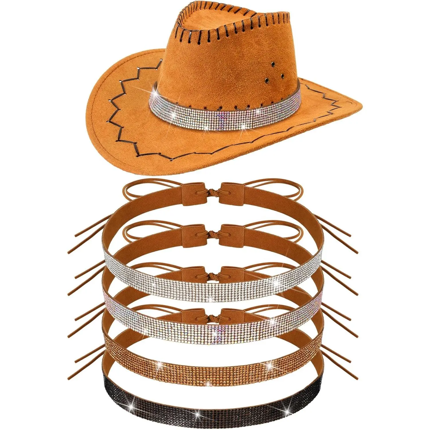 4 Pcs Leather Bling Rhinestone Hat Band - 0.79 Inches Width, Adjustable, Colorful/Gold/Mixed Colors Western Style Hat Accessory for Women, Casual, Cowboy Hat