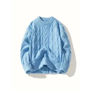 Bmuvlss Men's Blue Cable-Knit Sweater - Oversized Retro Winter Sweater with Soft Round Neck, Blue Casual Knitwear for Christmas & Holiday Parties, Cozy Loose Fit Cardigan (Dry Clean) - No Pattern Maintenance, Ugly Christmas Sweater, Christmas Knit Sweater