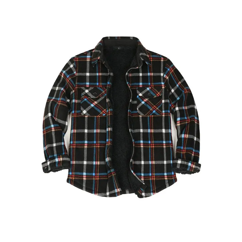 FlannelGo Men's Classic Checked Flannel Polyester Sherpa Fleece Lined Shacket Jacket - Button Down, Long Sleeves, Shirt Pockets, Outdoor Wear, Fadetok Red Menswear Top