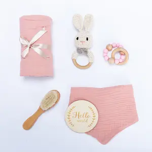 Baby Gift Set for Newborn - Baby Essential Bath Basket Easter Gift Set with Baby Blanket Baby Rattle Teether Toy & Hair Brush Newborn Shower Gift for Easter Day Baby Girls Boys 6PCS (Bunny) Mothers Day Gift