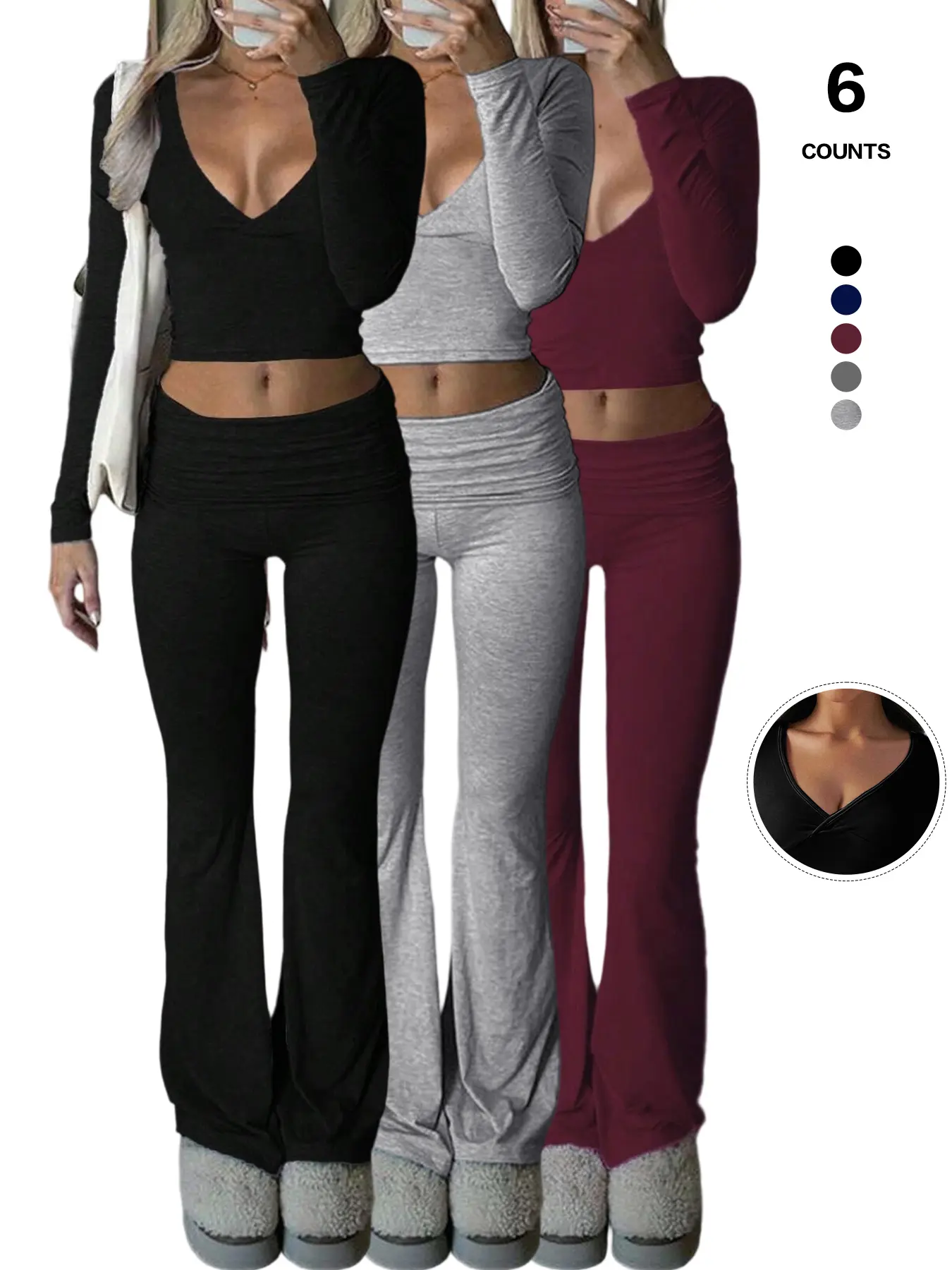 Y2K V-Neck Figure-Flattering Fitted Ruched Women's 2 Piece Set, Long Sleeve Crop Top & High Waisted Flare Pants, Casual Outfit for All Seasons Clothes