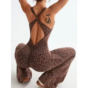 Female Sexy Leopard Print Hollow Out Cross Back Deep V Jumpsuit