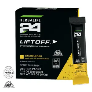 Herbalife24 Liftoff Pineapple Push 30 stick packs Effervescent Energy Drink Mix Natural Caffeine B Vitamins On-The-Go Sticks for Active Days