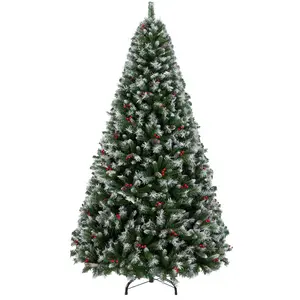 Pre-Decorated Holiday 6ft/7ft Christmas Tree,  Partially Snow Flocked Design with Pinecones & Berries, Easy Assembly Hinged Branches, Durable Metal Stand