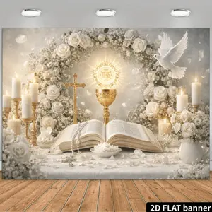 2D Flat Flying White Dove Themed Backdrop, Featuring Golden Host Light, Flying White Dove, Lit White Candles, Open Bible, Golden Cross, White Rose Bushes, Scattered Petals, White Lace Tablecloth, Golden Candlestick, Silvery Prayer Beads, Soft Golden