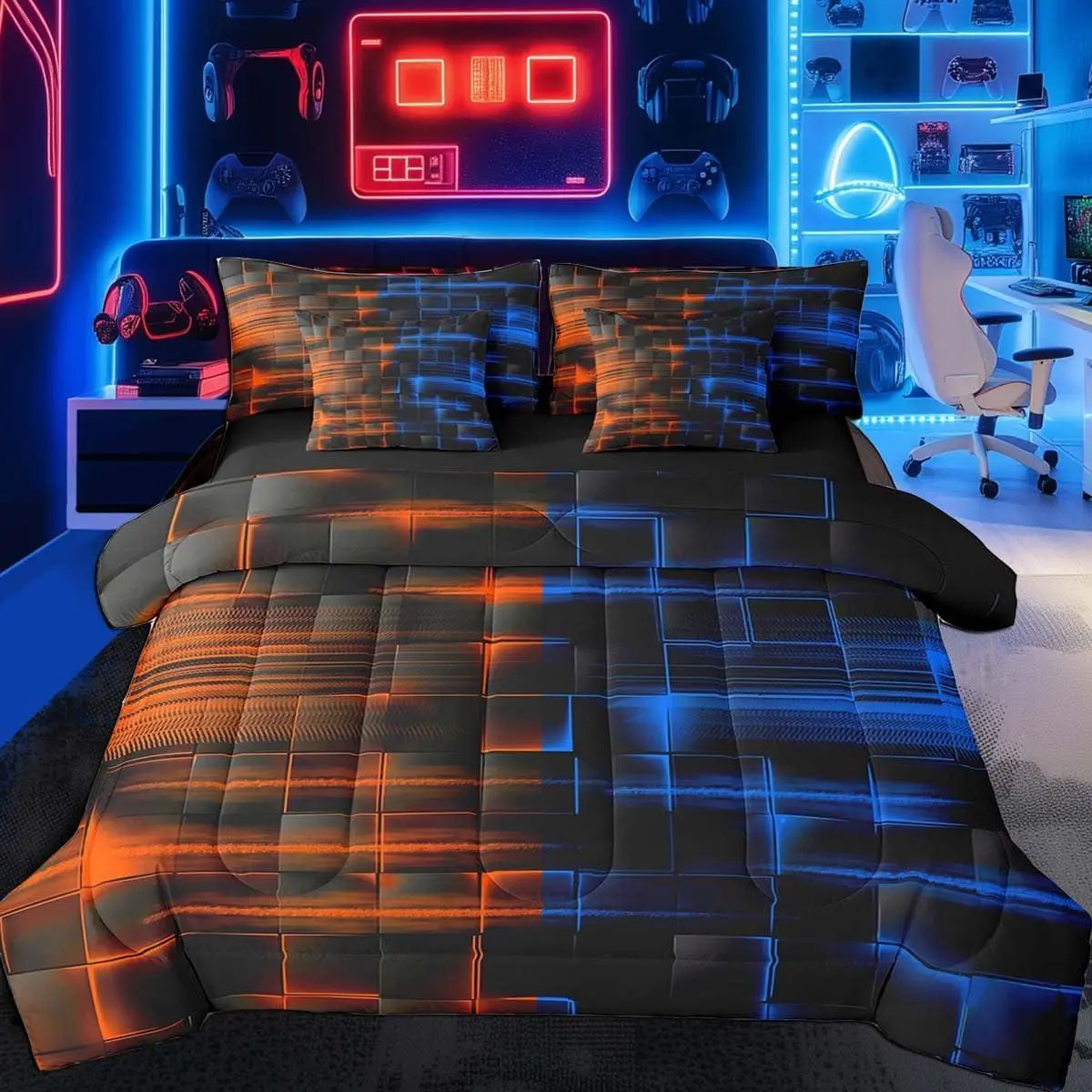 Feelyou 7-Piece Abstract Art Bedding Set, Blue and Orange Striped Pattern Comforter Set with Sheets, Pillowcases & Cushion Covers for Home Bedroom, Multi-Size Bed-in-a-Bag Collection