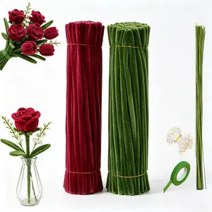 321Pcs Chenille Stems Pipe Cleaners Flower Craft Kit, Claret & Army Green DIY Bouquet Supplies with Floral Wire, Tape and Thick Flower Stamens for Handmade Crafts