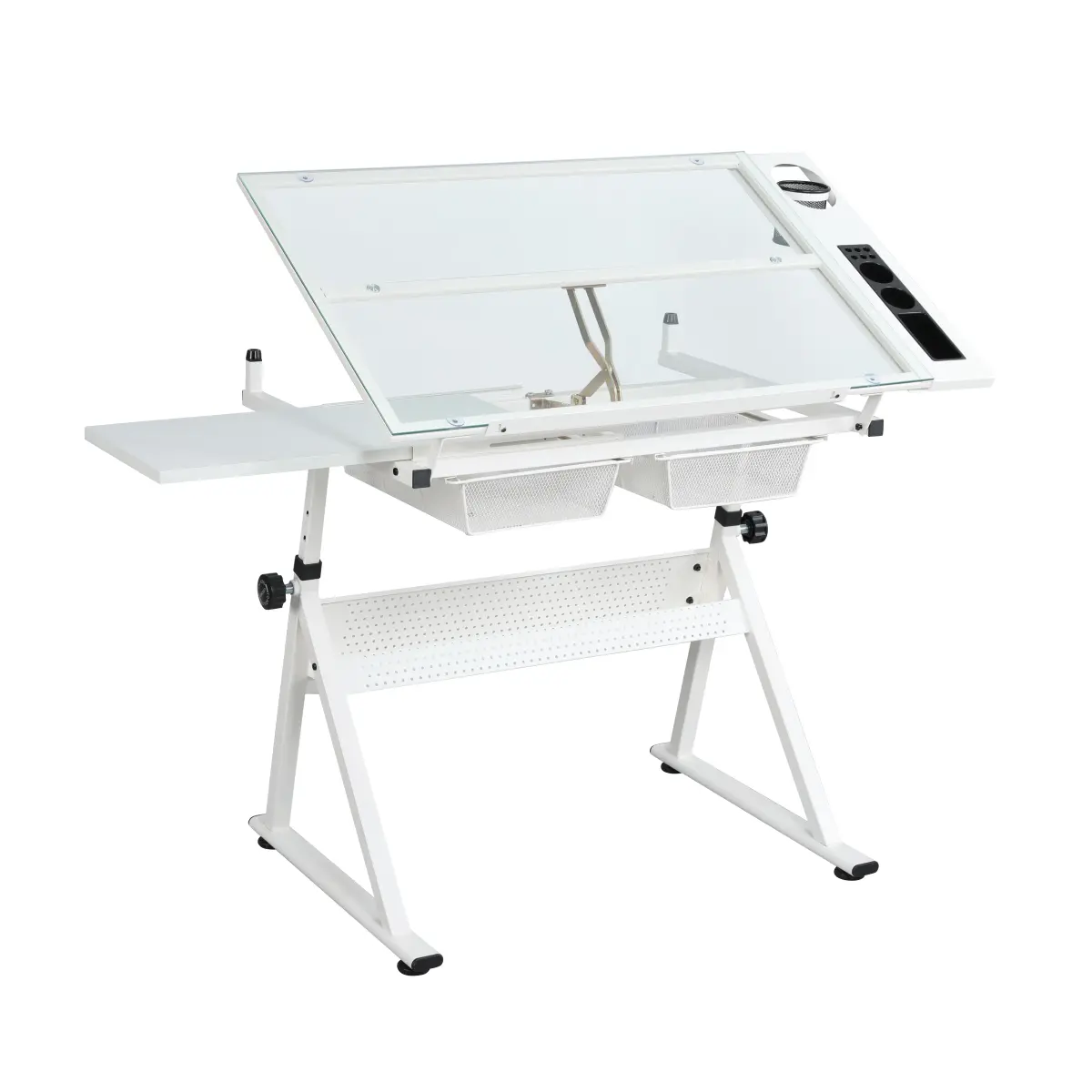 Adjustable Glass Top Drafting Table 0-75° Tilt 31.5-49.5 Inch Height Powder Coated Steel Frame Anti Vibration Feet with Slide Pencil Ledge Metal Drawers Storage Compartment MDF Side Desktop for Drawing Drafting Office Work, Adjustable Desks & Workstations