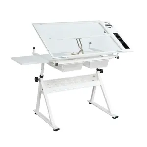 Adjustable Glass Top Drafting Table 0-75° Tilt 31.5-49.5 Inch Height Powder Coated Steel Frame Anti Vibration Feet with Slide Pencil Ledge Metal Drawers Storage Compartment MDF Side Desktop for Drawing Drafting Office Work