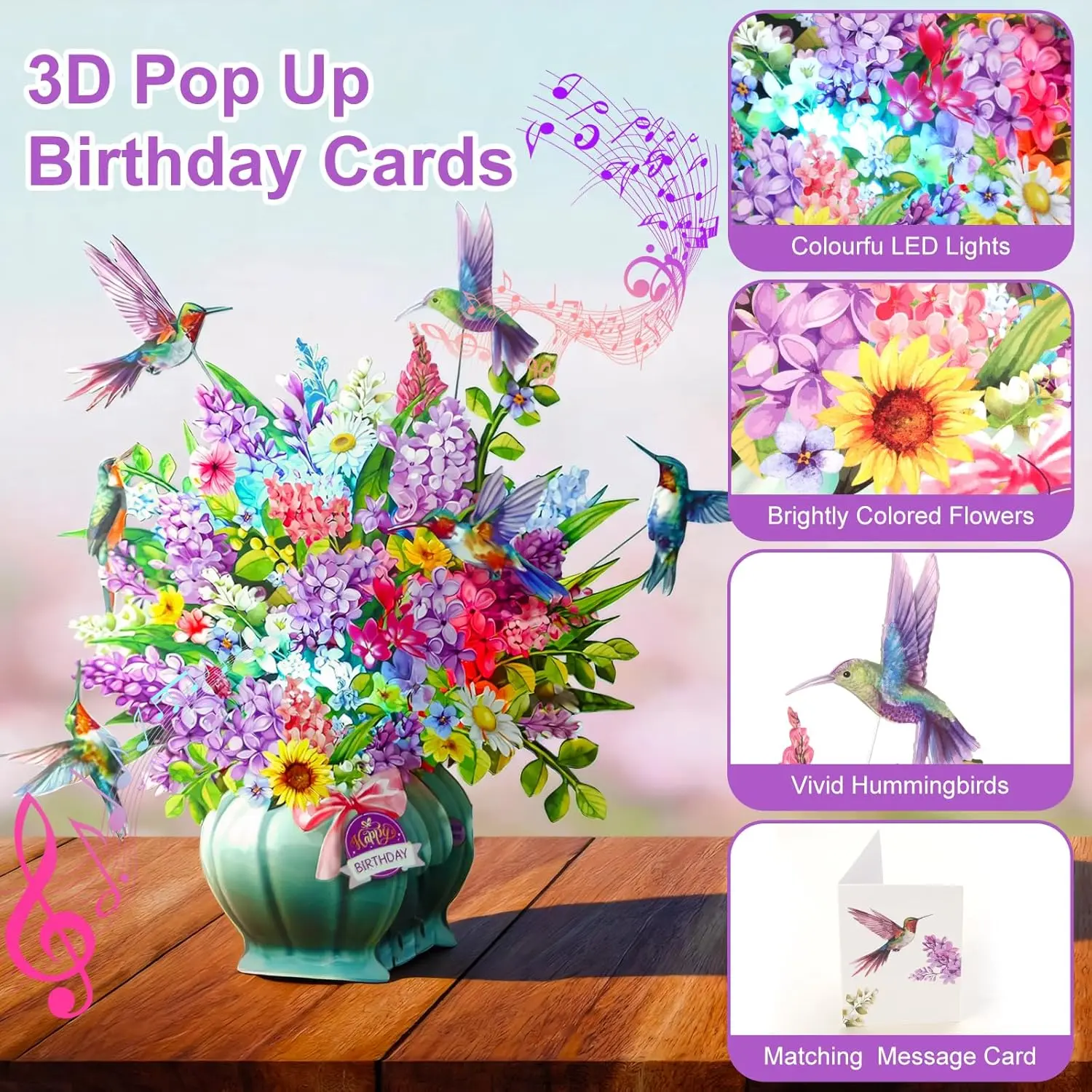 3D Popup Greeting Card & Invitation Envelopes with LED Lights - Interactive Musical Floral Hummingbird Oasis, 10-in Rainbow Eternal Flower Bouquet Decor, Office Stationery for Ladies (Blank Note Sheet Included, Birthday Music and Lighting Feature), Card S