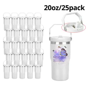 25-Pack 20oz White Flip Straw Insulated Travel Mug with Silver Rim for Sublimation, Portable Leak-Proof Double Wall Stainless Steel Vacuum Water Bottle, Travel-Friendly Outdoor Drinkware, Water Bottles