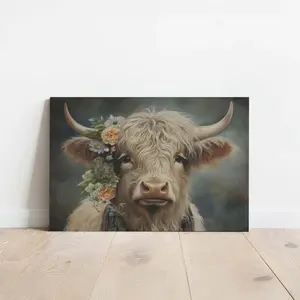 Floral Crown Highland Cow Canvas Print, Solid Wood Frame, Modern Art Decor, Artistic, Rectangle Design, Waterproof & High-Definition, Ideal Gift for Home Office Wall Artwork