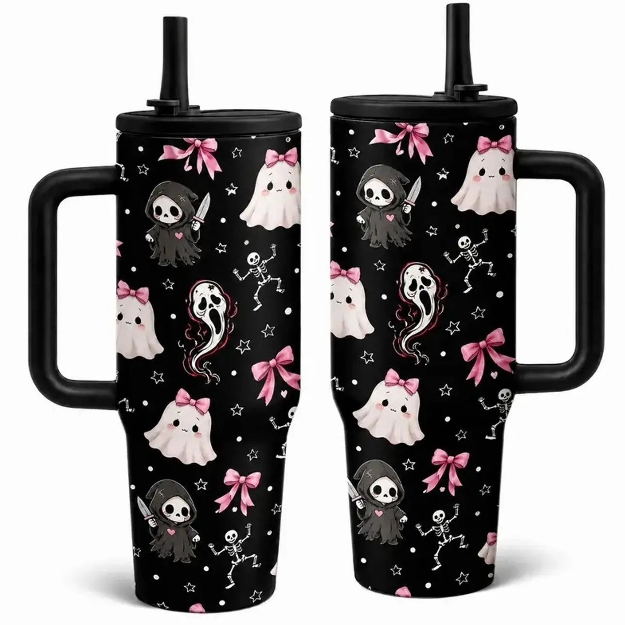 [No Straw] Coquette Halloween 40oz Tumbler With Handle Lid Straw, Pink Bow Cute Ghost Skeleton Horror Face Insulated Stainless Steel Travel Cup, Spooky Season Gothic Coffee Mug Gift For Women Car Office Travel