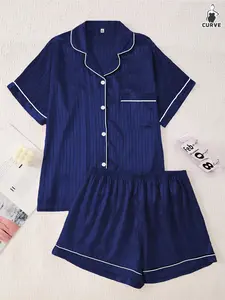 Plus Size Women's Silk-Like Homewear Striped Short Sleeve Button Front Top and Shorts Pajama Set, Loose-Fitting Sleepwear