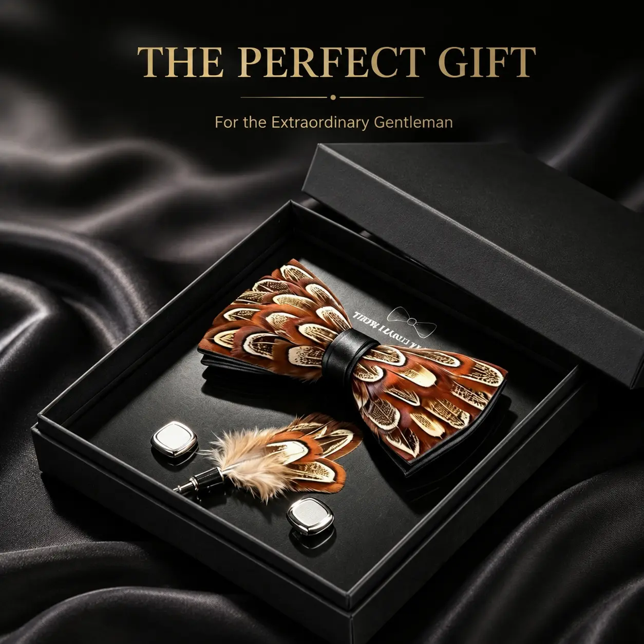 Handmade Natural Feather Bow Tie Set for Men, 3-Piece Gift with Lapel Pin & Cufflinks, Luxury Photo-Ready Accessories for Wedding Groom & Prom