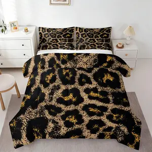 2/3Pcs Leopard Print Comforter Set, Black Gold Camo Bedding Set with Pillowcases, Soft Quilt for Adults Teens Bedroom, Wild Animal Pattern Bed Set, All-Season Stylish Bedding Decor for Home