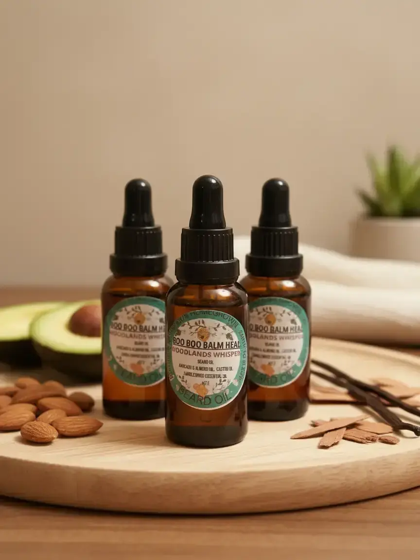 Woodlands Whisper Boo Boo Balm & Silky Lightweight Beard Oil - Vanilla-Infused Aromatherapy Essential Oil with Avocado, Almond for Daily Sensitive Hair Care, Shiny Smoother Alternative Health Treatment