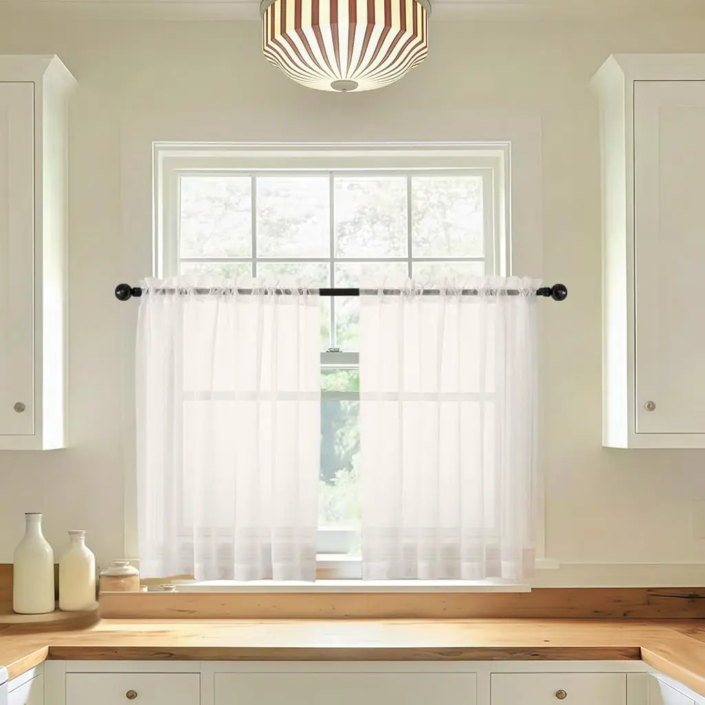2-Piece Sheer Kitchen Curtains, Lightweight Gauze Short Curtains, Soft Elegant Light-Transmitting Drapes, 39"-24" Fit for Bathrooms Cafes, 39" Or 24" Fit
