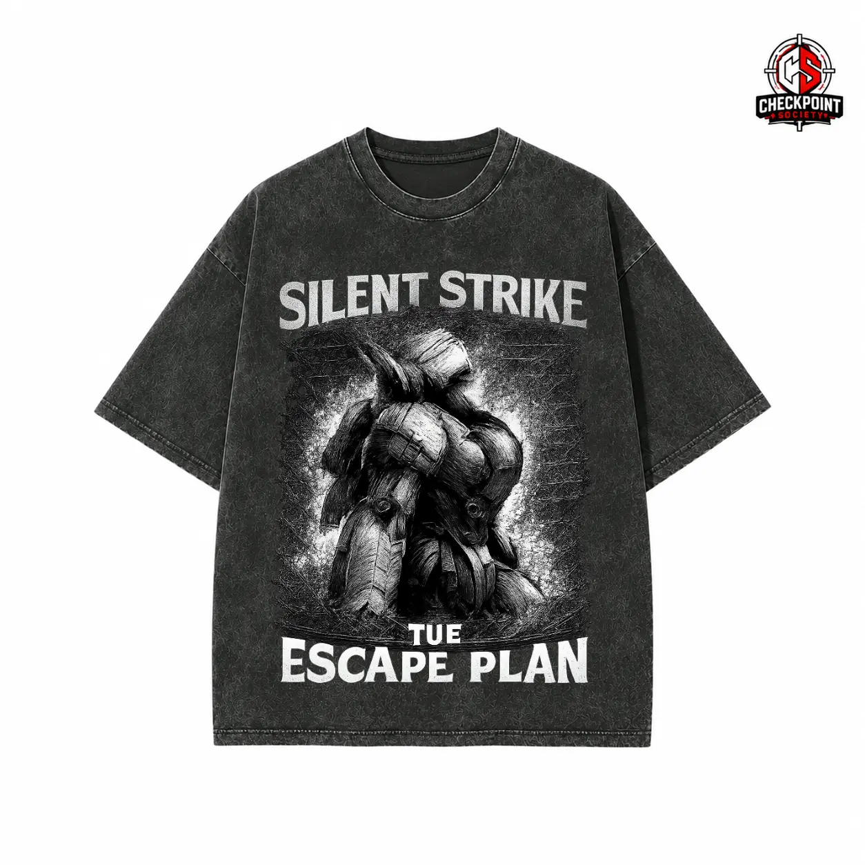 Distressed Washed Black T-Shirt with Monochrome Mecha Warrior Graphic, 'SILENT STRIKE THE ESCAPE PLAN' Text, Stealth Robot Design, Trendy Streetwear for Casual Wear, Sci-Fi Theme Tee