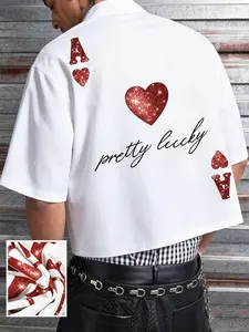 Men's Casual Short Sleeve Shirt, American High Street Heart a Flash Print, Loose Fit, Street Style, Short Length, Unlined