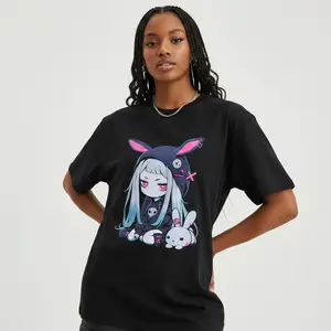 Women's Cute E- Anime Goth Bunny Grunge Gothic Outfit Graphic T-Shirt - 100% Cotton Black Short Sleeve Crew Neck Regular Fit Casual Wear | Soft & Breathable Fabric, Durable Print, Everyday Comfort, Machine Washable, anime goth grunge casual indoor