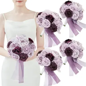 TINGE TIME 7 Inch Artificial Flowers Wedding Bouquets for Bridesmaid, Set of 4, Lavender Bride Tossing Bouquet for Wedding Ceremony Festivals Bridal Shower Rehearsal Dinner Vintage Party Decor Decorative