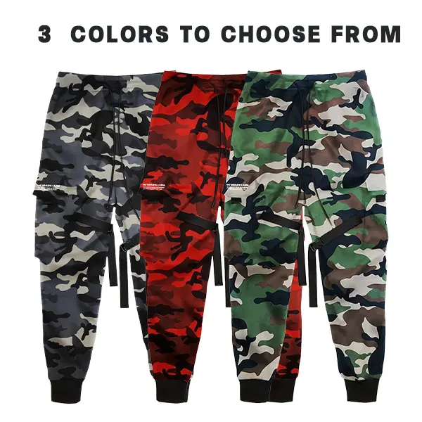Men’s camouflage print cargo jogger pants with a drawstring elastic waistband, multiple pockets, and ribbon detailing—streetwear joggers, loose hip-hop tactical casual joggers suitable for skateboarding and everyday streetwear, available in three colors.