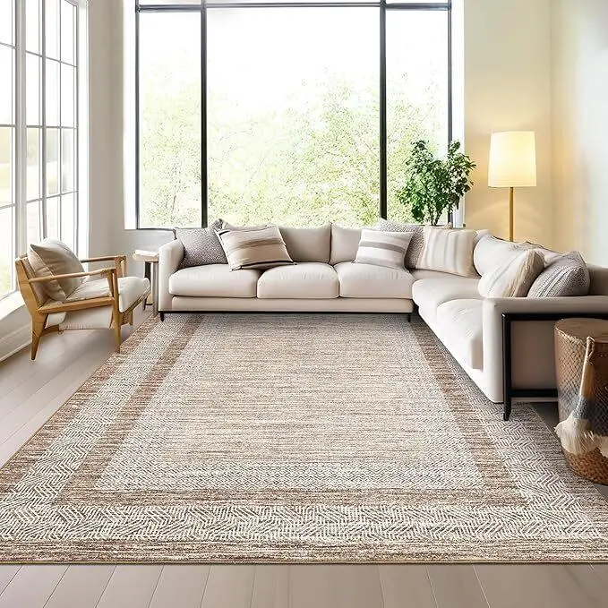 GARVEE Modern Rectangular 5x7 Low Pile Washable Faux Wool Area Rug - Soft, Non-Shedding Thin Base Floor Covering, Foldable Mat for Living Room Decor, Brown