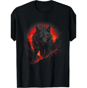 Vintage Inspired Black Wolf Graphic Tee 100 Cotton Short Sleeve Crew Neck Running Beach Black T Shirt