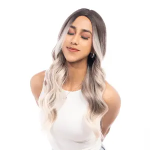 24-Inch Platinum Blonde Ombré (Dark Roots, Ash Brown) Curling Waves Synthetic Wig | 【Heat Resistant】【Cap Included】 | #30 FSGB