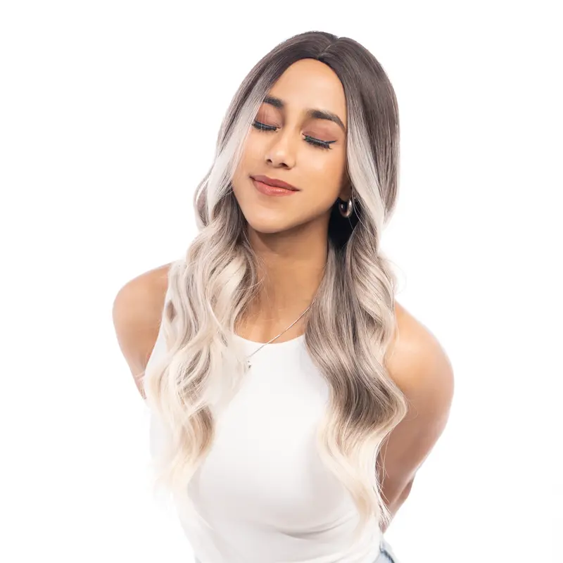 24-Inch Platinum Blonde Ombré (Dark Roots, Ash Brown) Curling Waves Synthetic Wig | 【Heat Resistant】 【Cap Included】 | #41FSGB