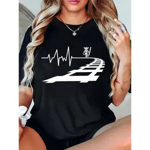 Women's Black Graphic T - Shirt with Heartbeat Railroad Tracks & Crossing Sign Design, Casual Streetwear for Train Enthusiasts, Daily Fashion Tee for Ladies
