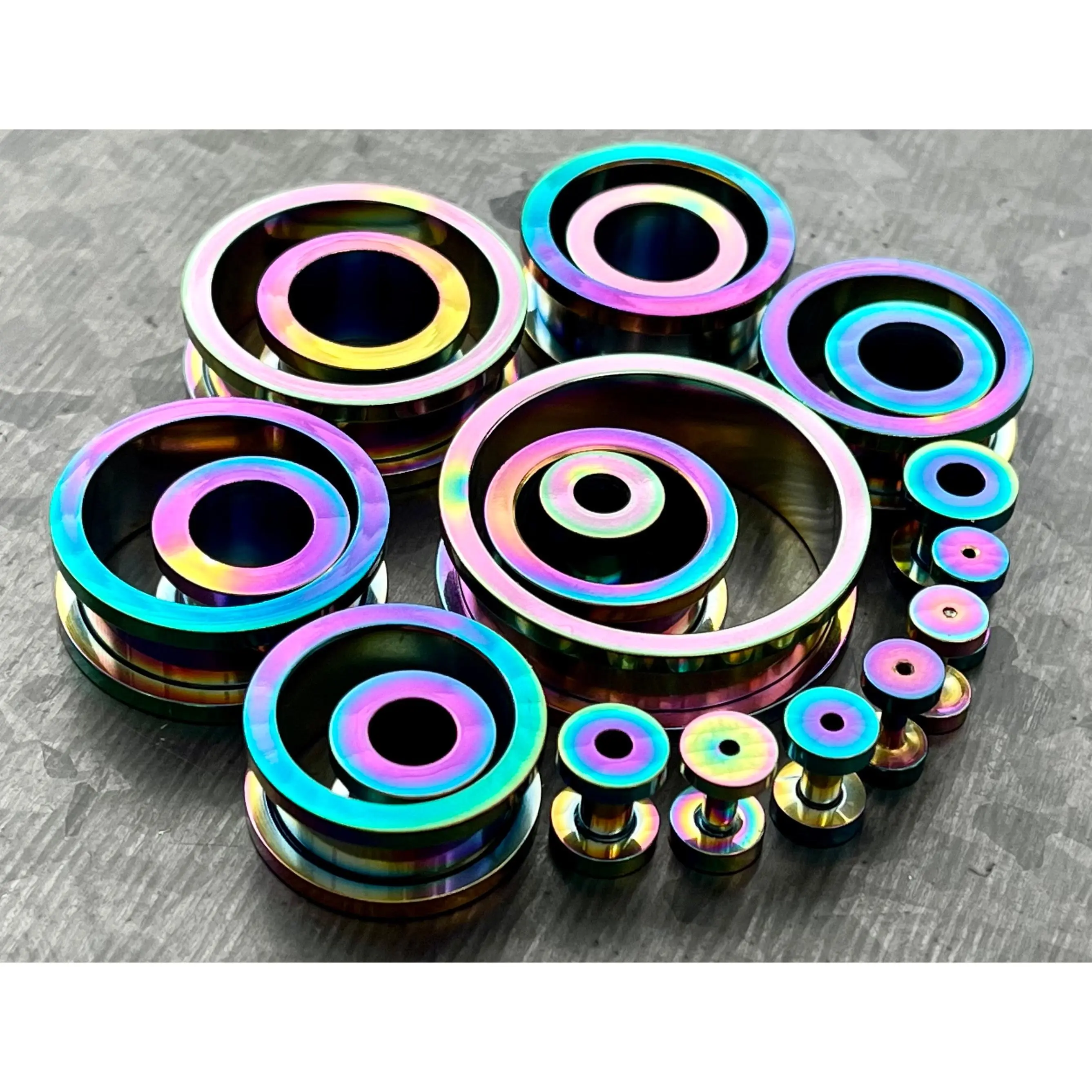 PAIR of Brilliant Rainbow PVD Plated 316L Steel Screw Fit Tunnels/Plugs - Gauges 16g (1.2mm) thru 1&3/16" (30mm)