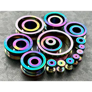 PAIR of Brilliant Rainbow PVD Plated 316L Steel Screw Fit Tunnels/Plugs - Gauges 16g (1.2mm) thru 1&3/16" (30mm)