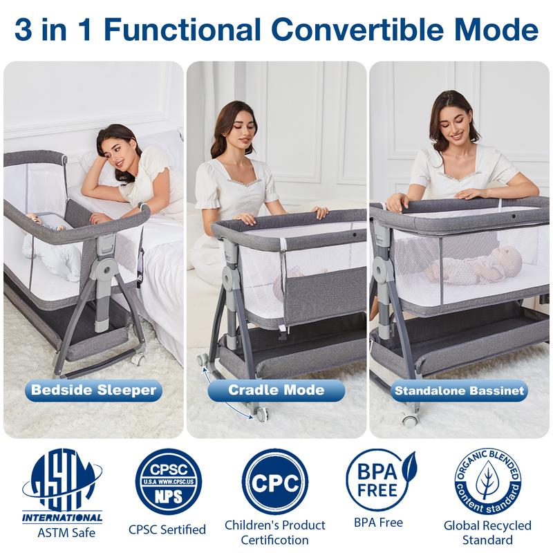 3 in 1 Kids Bassinet Bedside Sleeper, Bedside Bassinet for Kids, Rocking Bassinet with Wheels, Height Adjustable Bedside Crib for Newborn with Mattress, Storage Basket, Mosquito Net