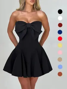New Model Women's Bow Decor Backless Tube Dress Fashion Casual Strapless Fit and Flare Mini Skater for Spring Fall Going Out, Elegant, Formal, Versatile, Comfort, Wear, Style, Outfit, Essential, Trendy